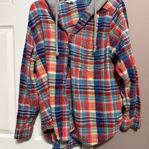 Time and Tru Multicolor Plaid Hooded Shirt
